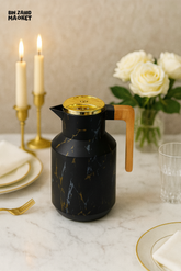 BLACK MARBLE VACUUM INSULATED THERMAL KETTLE 1 LITRE – GOLD TOP WOODEN HANDLE